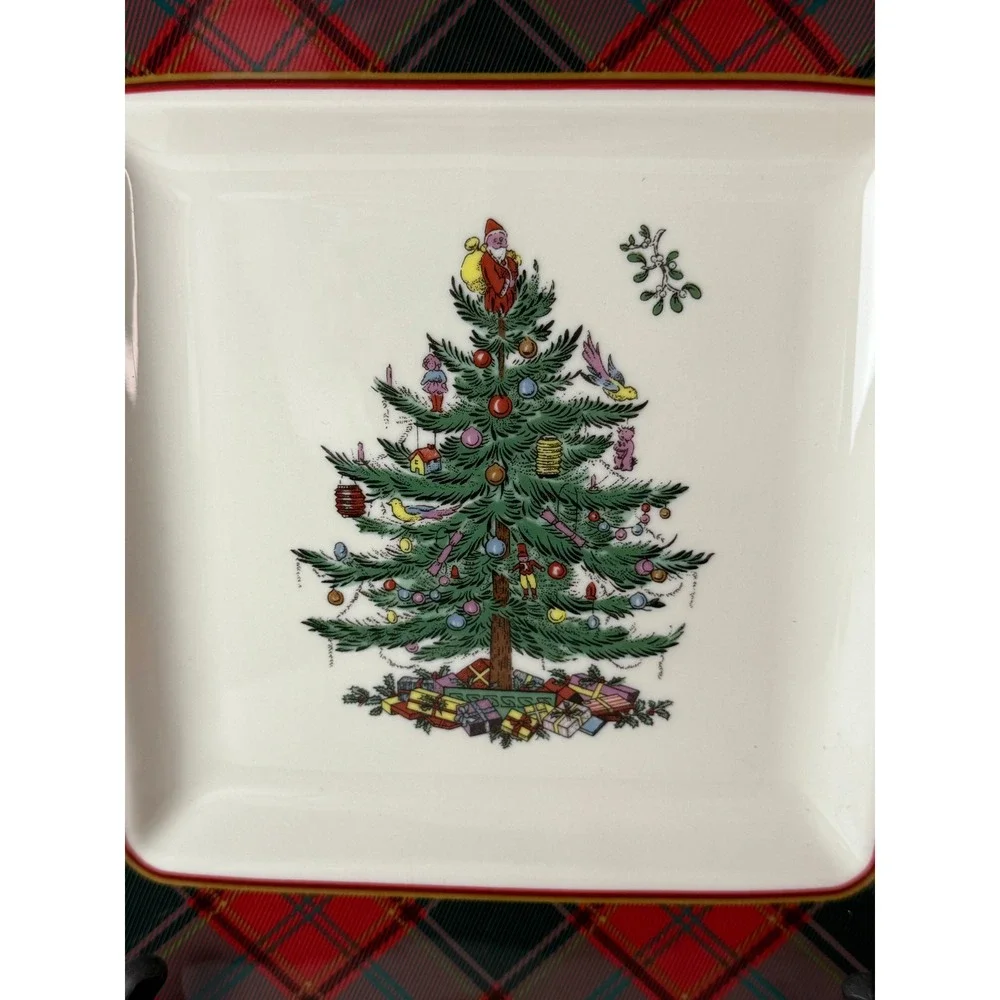 Spode Christmas Tree Tartan Square Platter 10in Red Green Plaid